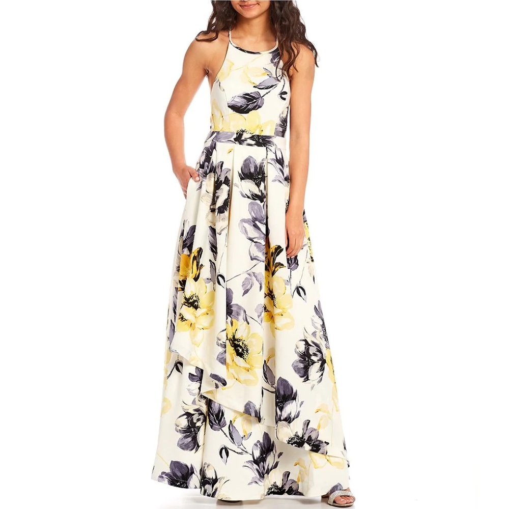 Sleeveless High Neck Floral Ball Gown